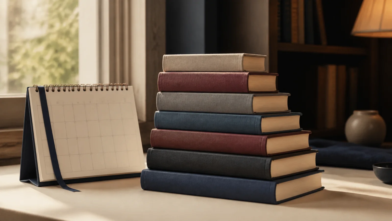 Seven unmarked books stacked beside a paper reading calendar.
